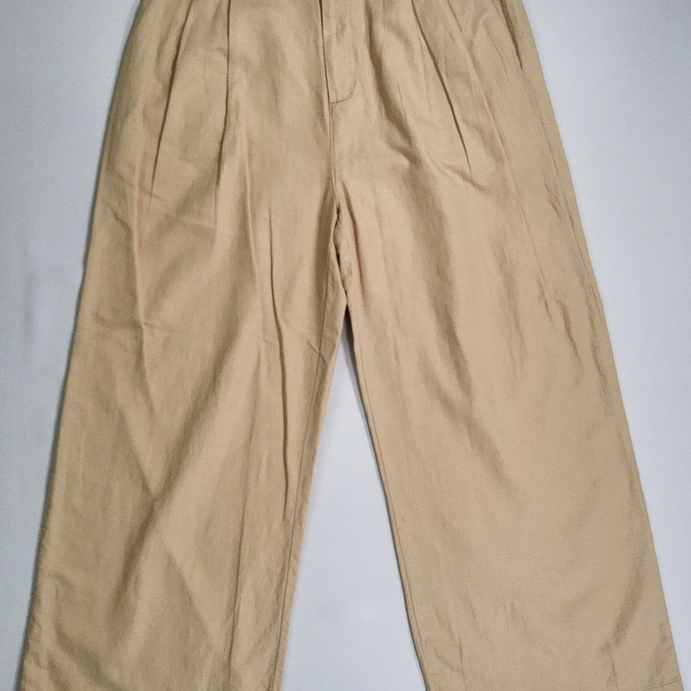 GAP Linen Pleated Pants Petite 12 Cashew Crunch Cropped Wide Leg Summer Trouser